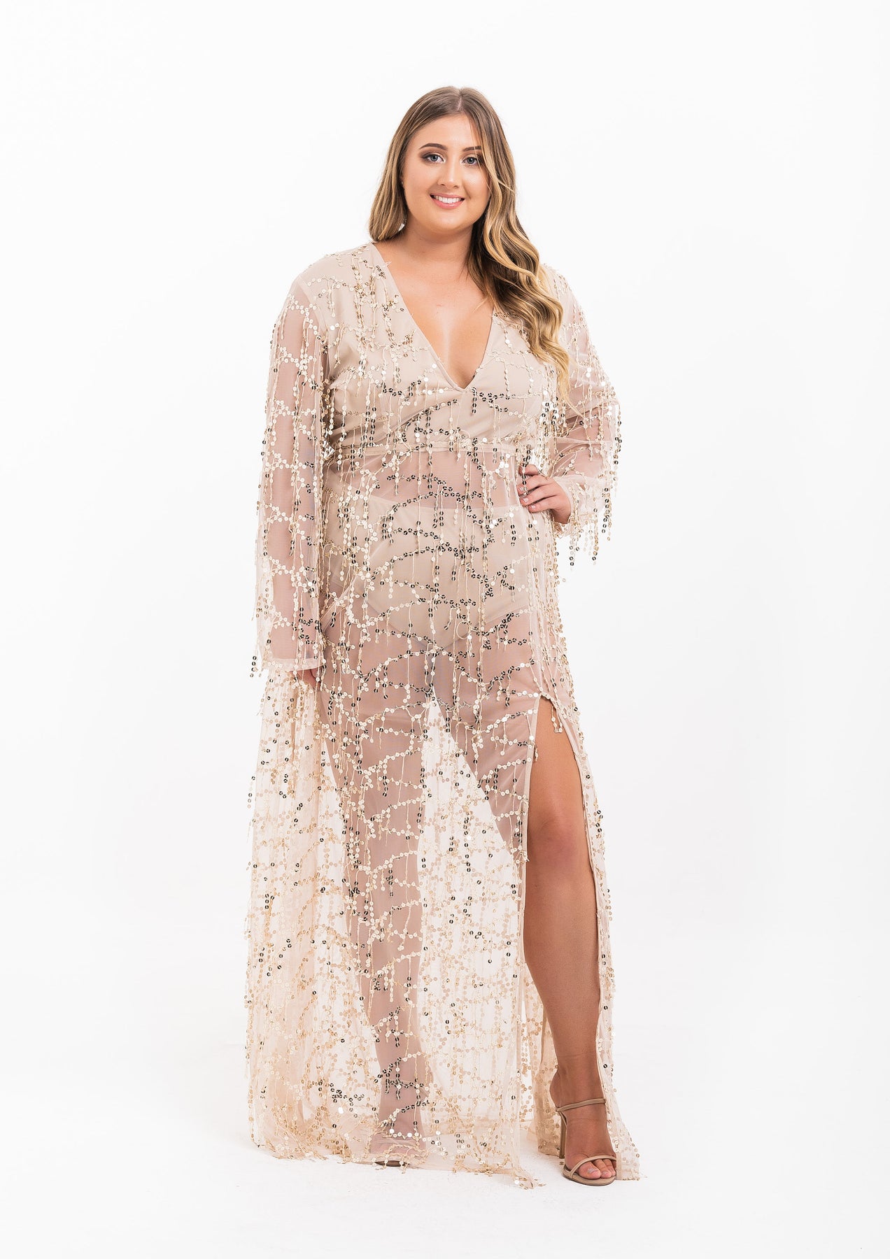 Gold sheer cheap maxi dress