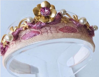 Fascinator Pink and Gold Vintage lace on a wide headband