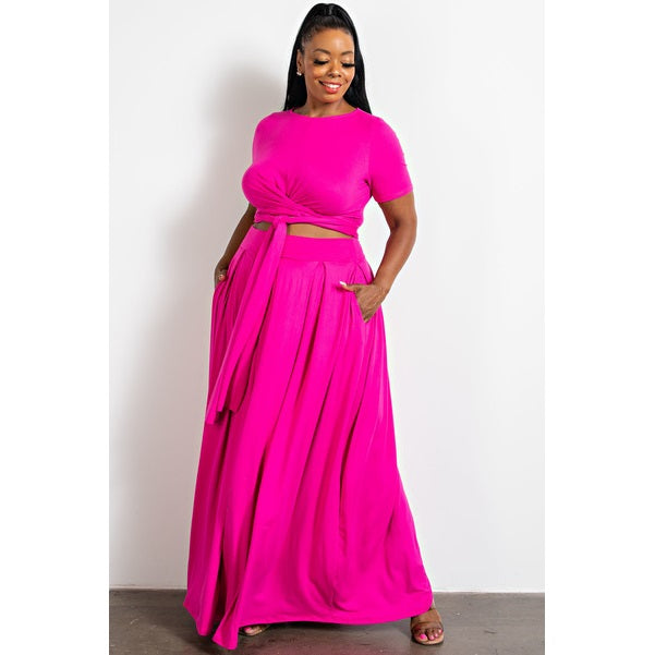 P021 Wrap Around Short Sleeve Top And Maxi Skirt Crop Set - OWN IT NOW
